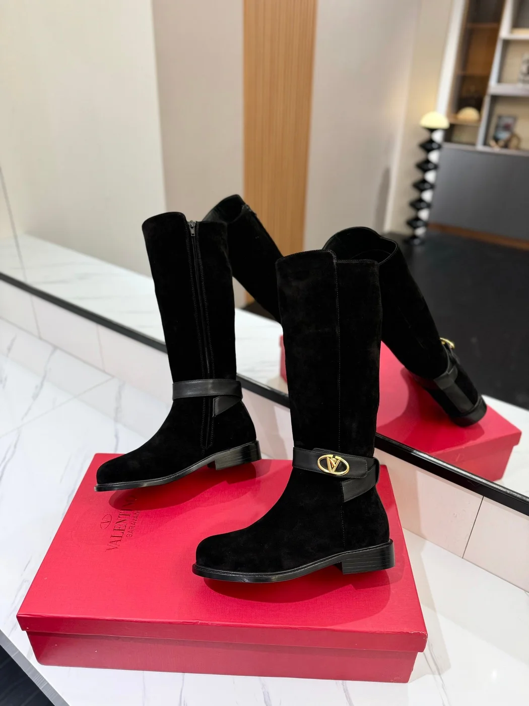 Valentino Women Black Suede Strap Boots — Knee Height product view 6