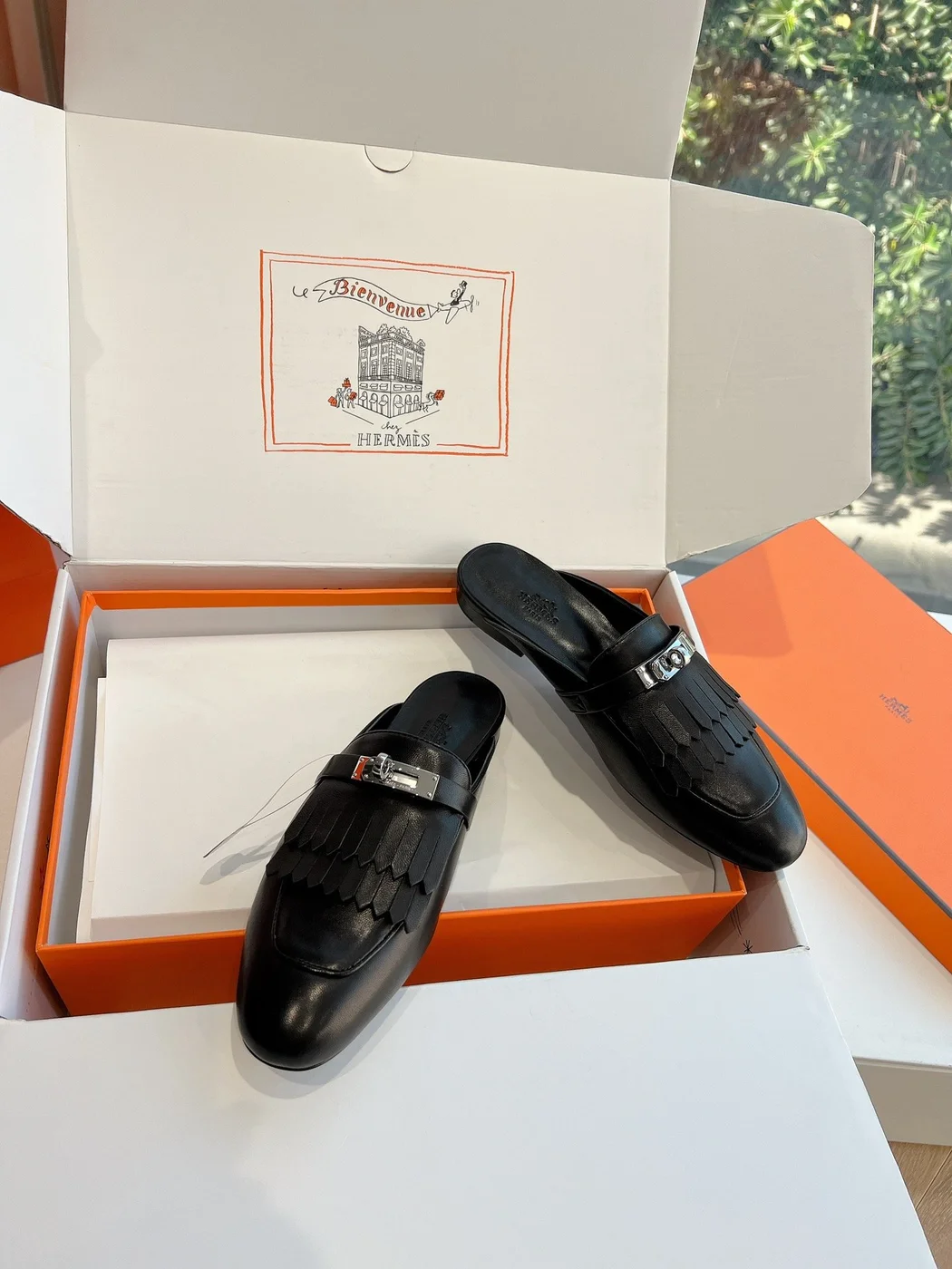 Hermès Women Black Leather Mules — Textured Loafer Style product view 4