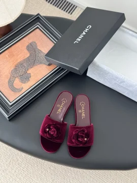 Chanel Women Burgundy Velvet Camellia Slides product photo