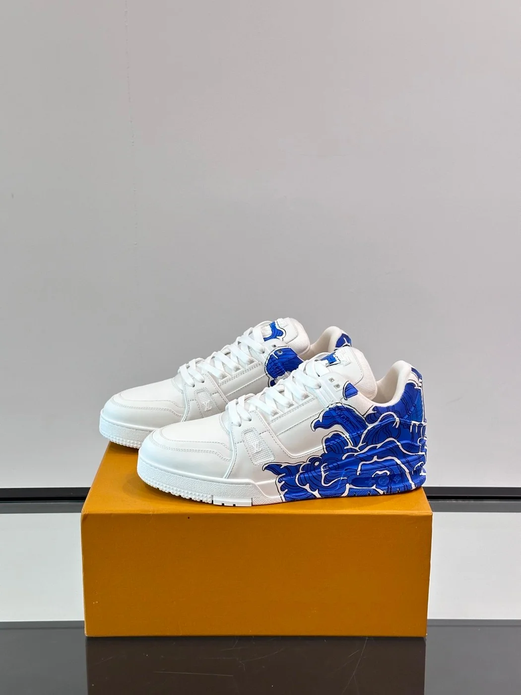 Louis Vuitton Men White and Blue Sneakers — Blue Floral Side Pattern product view 3