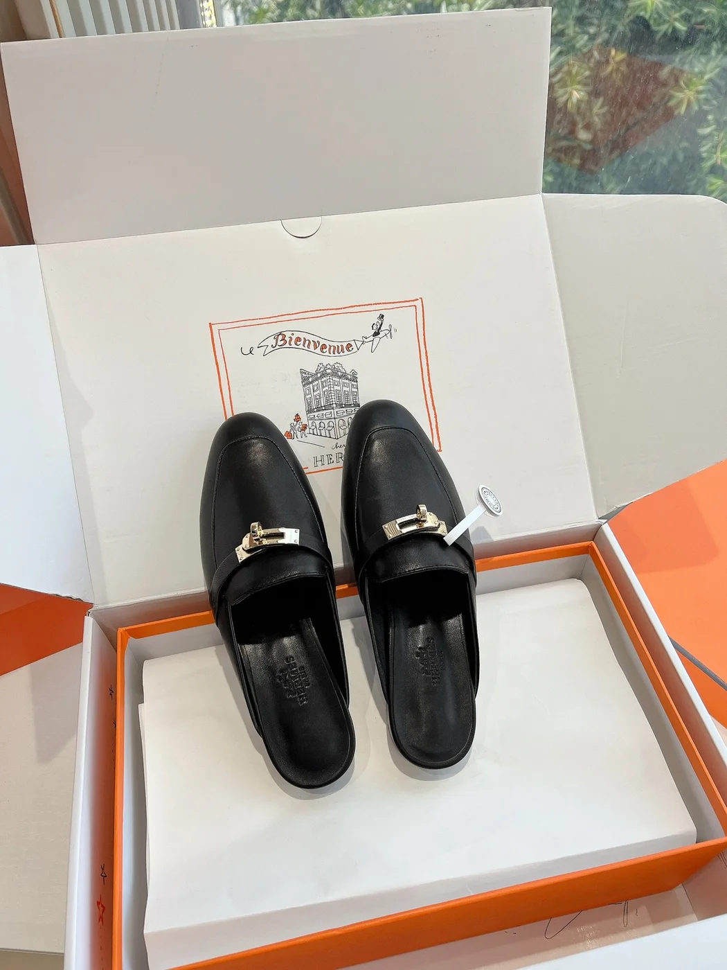 Hermès Women Black Leather Mules — Metal-Bar Loafer Style product view 4