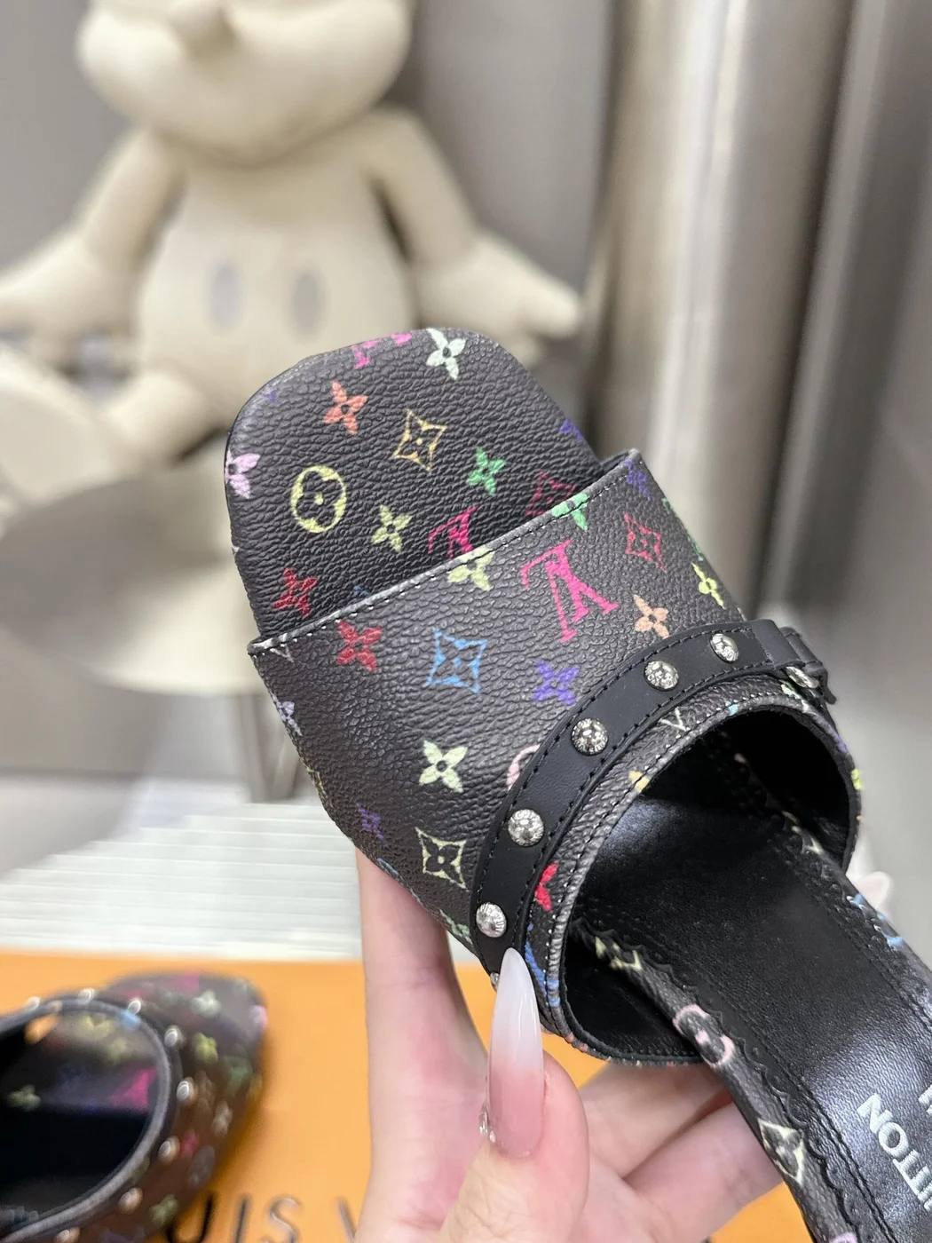 Louis Vuitton Women Black Leather Multicolor Logo Mules product view 2