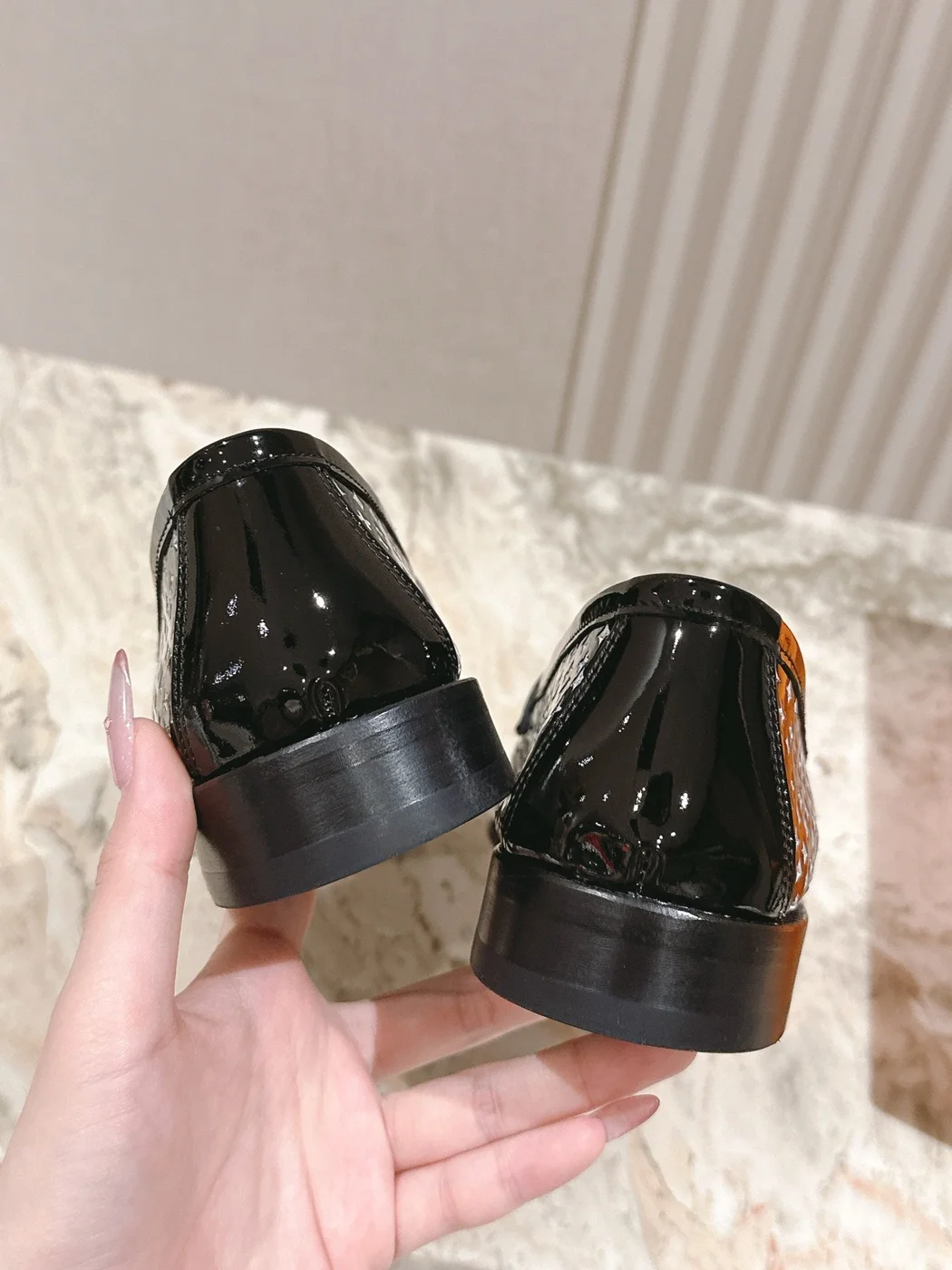 Louis Vuitton Women Black Patent Leather Loafers — Tonal Patterned Upper product view 6