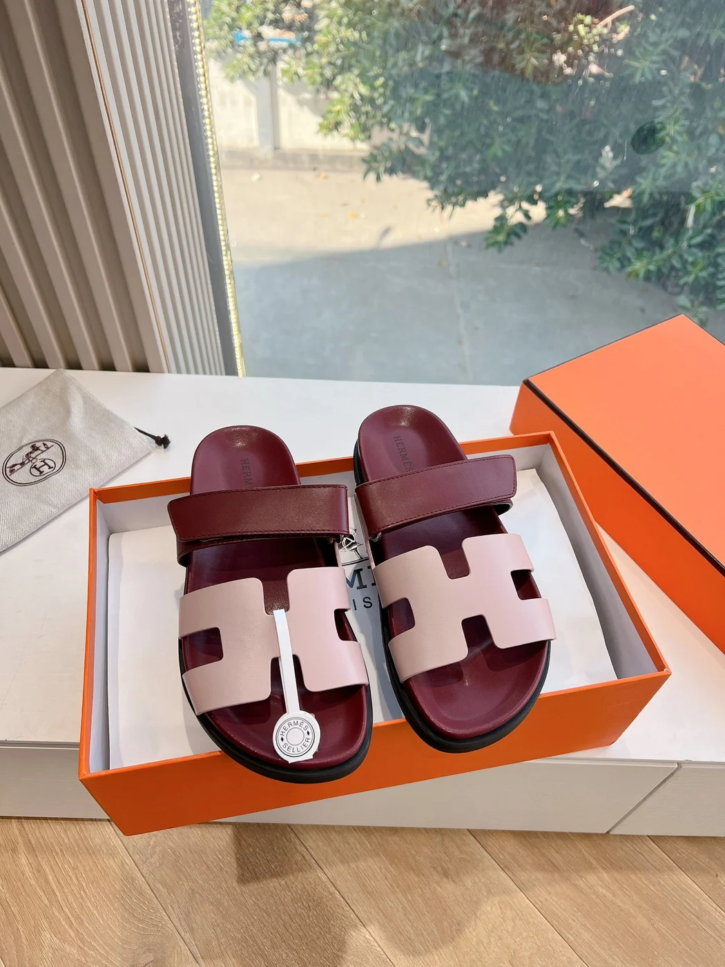 Hermès Women Burgundy Leather Pink Accent Sandals product view 3