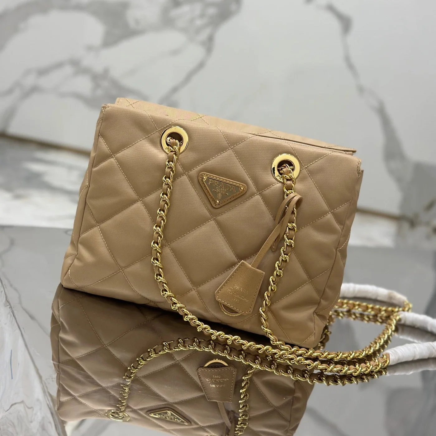 Prada Vintage Hobo Bag 25 In Light French Beige Quilted Nylon Gold Hardware product view 1