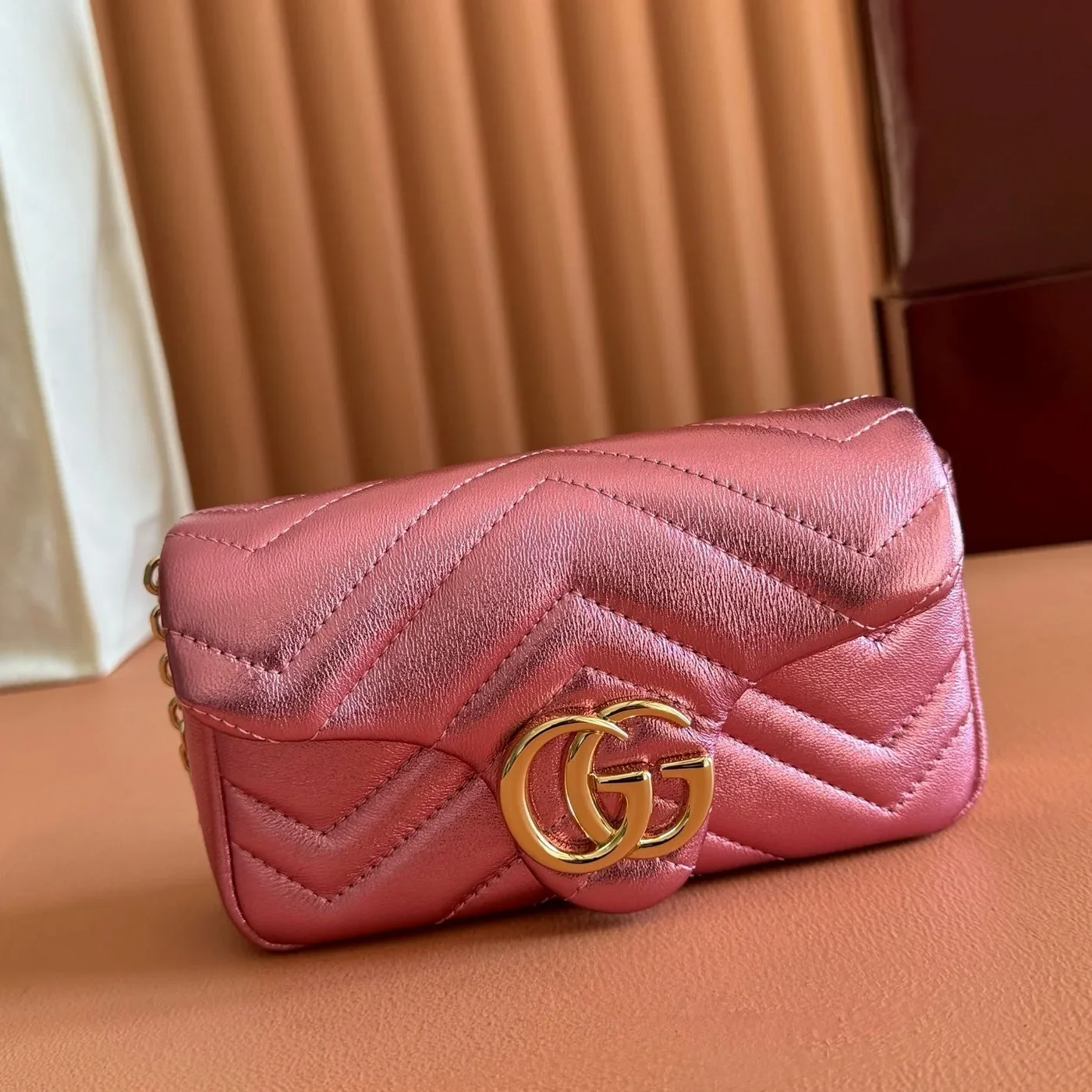 Gucci GG Marmont Bag 16 In Metallic Pink Lambskin product view 2