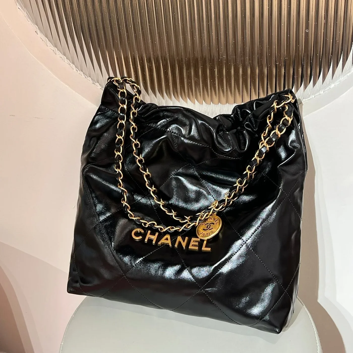 Chanel 22 Bag Small Gold & Black Lambskin Leather product view 3
