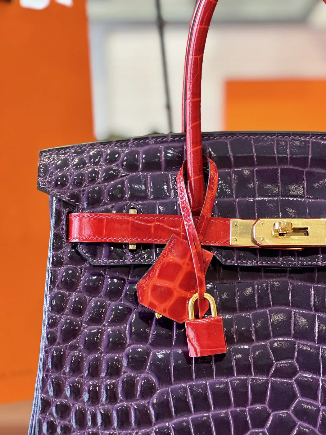 Hermès Birkin 30 Purple/Red Crocodile Leather Gold Hardware Bag product view 3