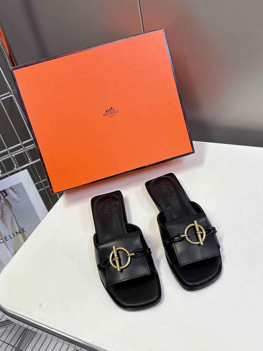 Hermès Women Black Leather Slippers product view 1
