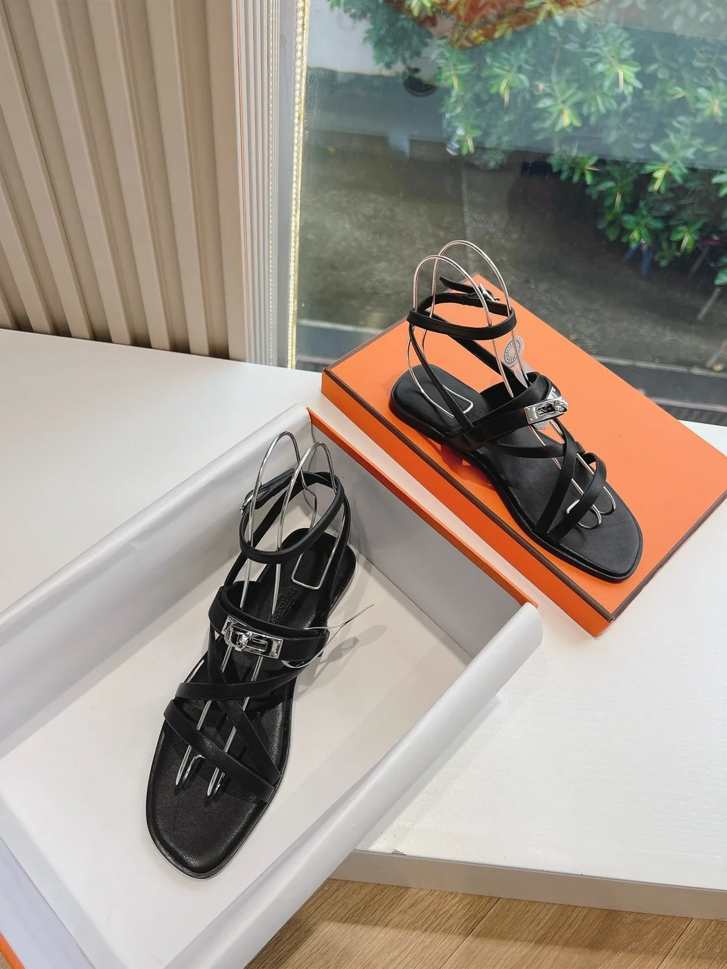 Hermès Women Black Leather Strappy Sandals — Link-Detail T-Strap product view 4