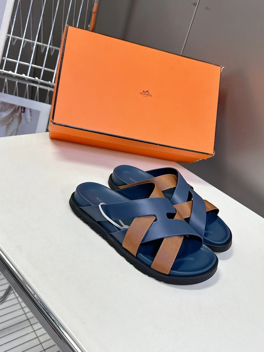 Hermès Women Navy Blue Leather And Brown Sandals product view 3