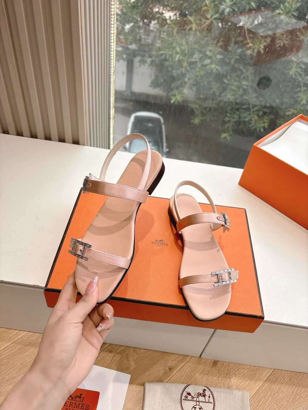 Hermès Women Beige Leather Strappy Sandals — Metal-Bar Strap Detail product view 6