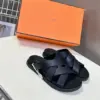 Hermès Women Navy Blue Leather And Fabric Sandals product view 3