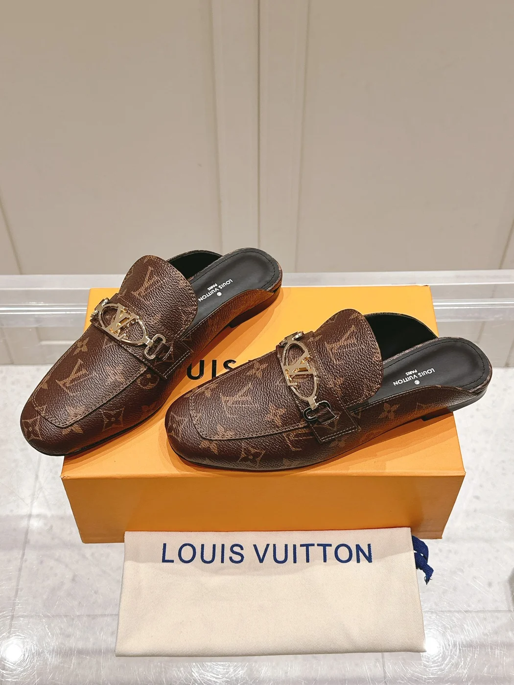 Louis Vuitton Women Brown Leather Mules — Metal-Bar Loafer Style product view 4