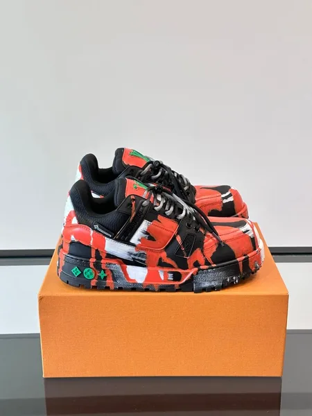 Louis Vuitton Men Red Black Leather Sneakers product photo