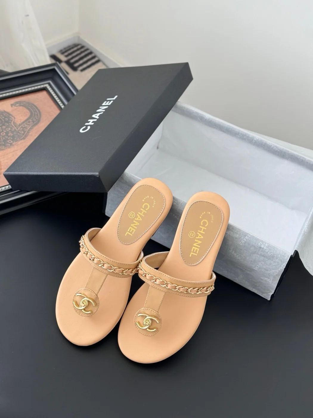 Chanel Women Beige Sandals — Chain-Detail T-Strap product view 3