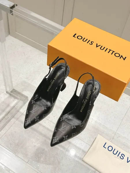 Louis Vuitton Women Black Patterned Leather Heels — Tonal Gray Pattern product photo