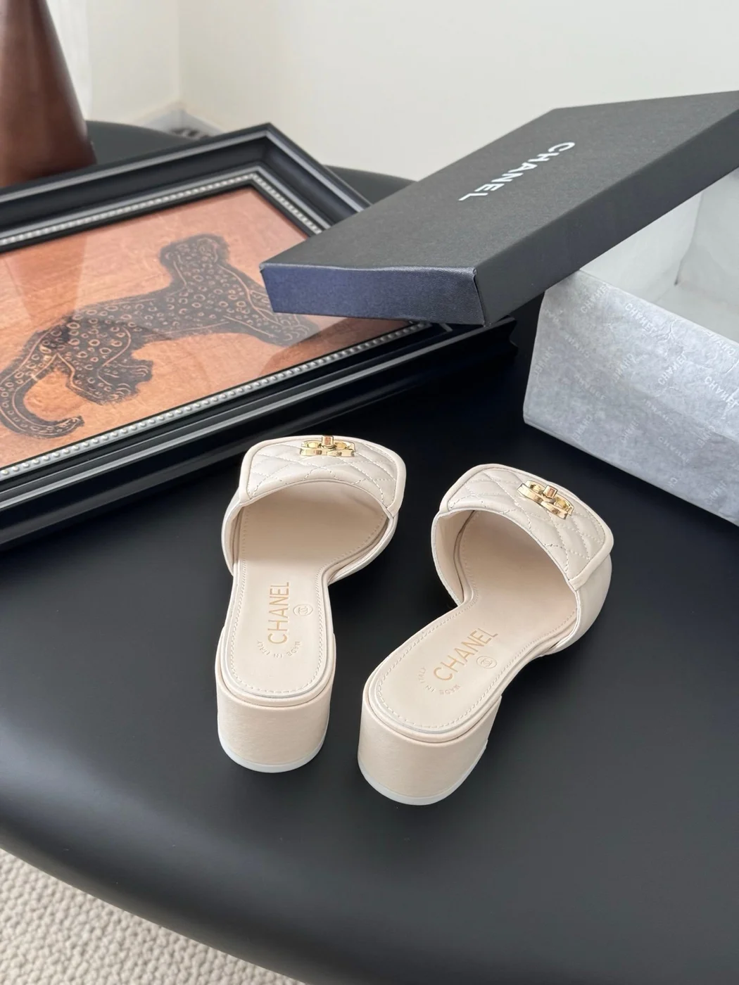 Chanel Women Ivory Quilted Leather Mules — Chain-Woven CC Detail product view 6