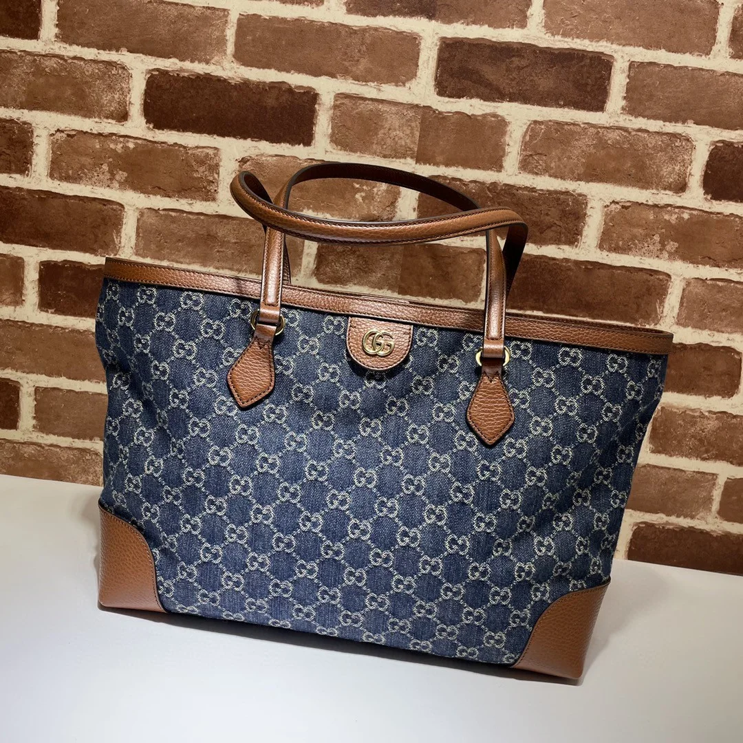 Gucci Medium Tote GG Denim Bag Brown Navy blue Leather product view 1
