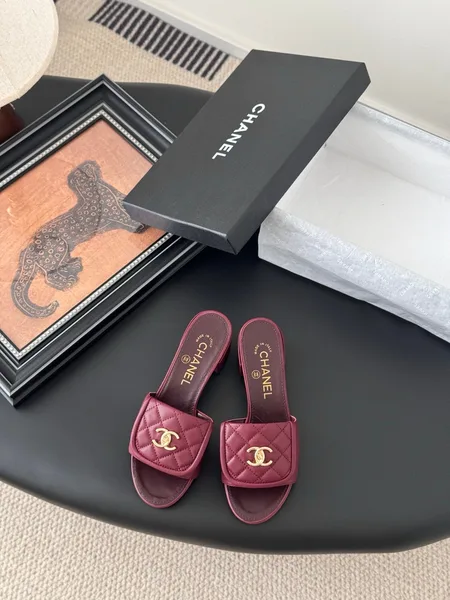 Chanel Women Burgundy Quilted Leather Mules product photo