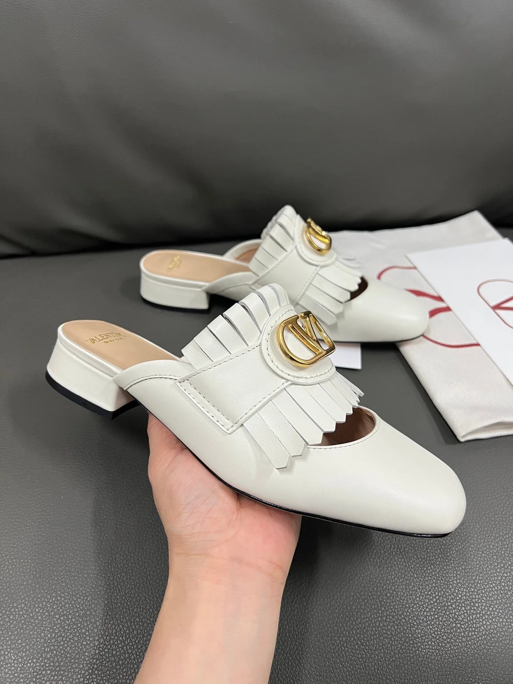 Valentino Women White Leather Fringe Mules product view 5