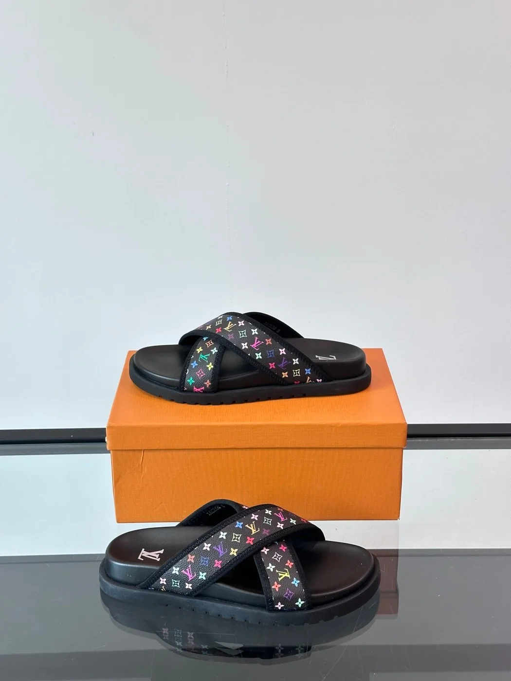Louis Vuitton Men Black Multicolor Canvas Slides product view 4