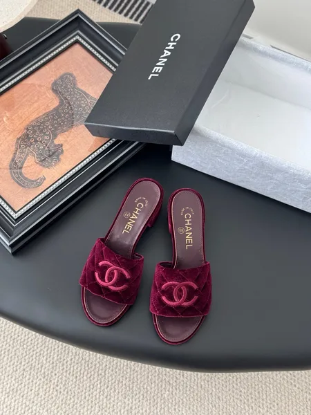 Chanel Women Burgundy Velvet Slide Sandals product photo