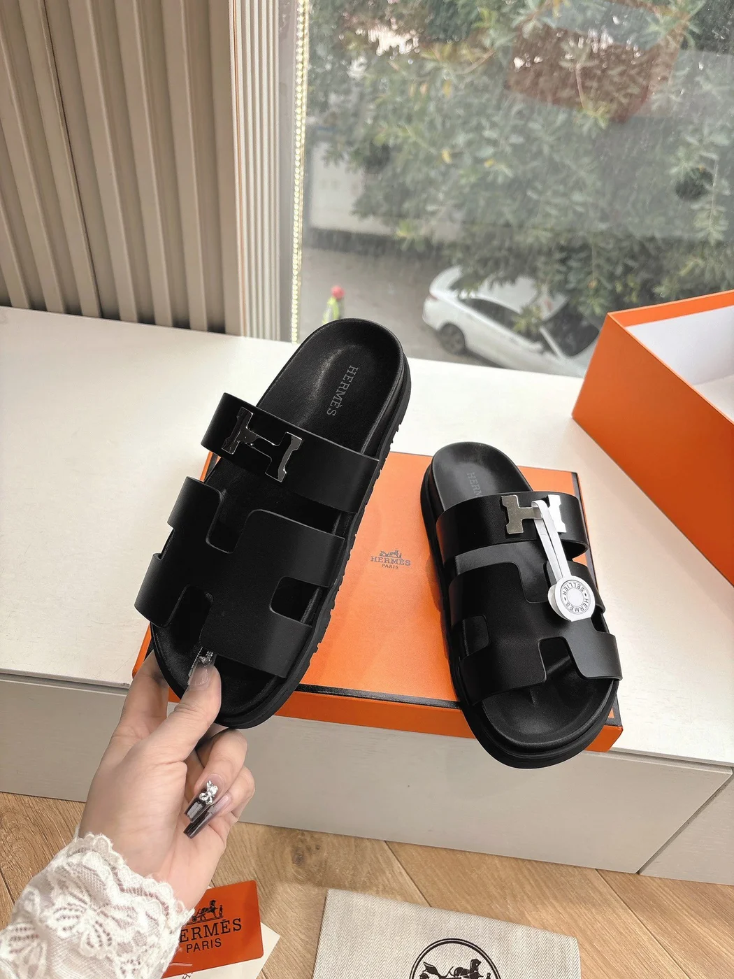 Hermès Women Black Leather Sandals — H-Strap Slides product view 6