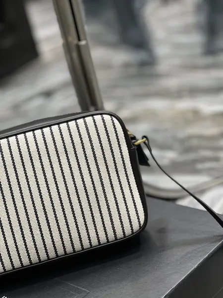 Saint Laurent Lou Medium Saint Laurent Striped Canvas Camera Crossbody Bag In Grey Cream product view 4