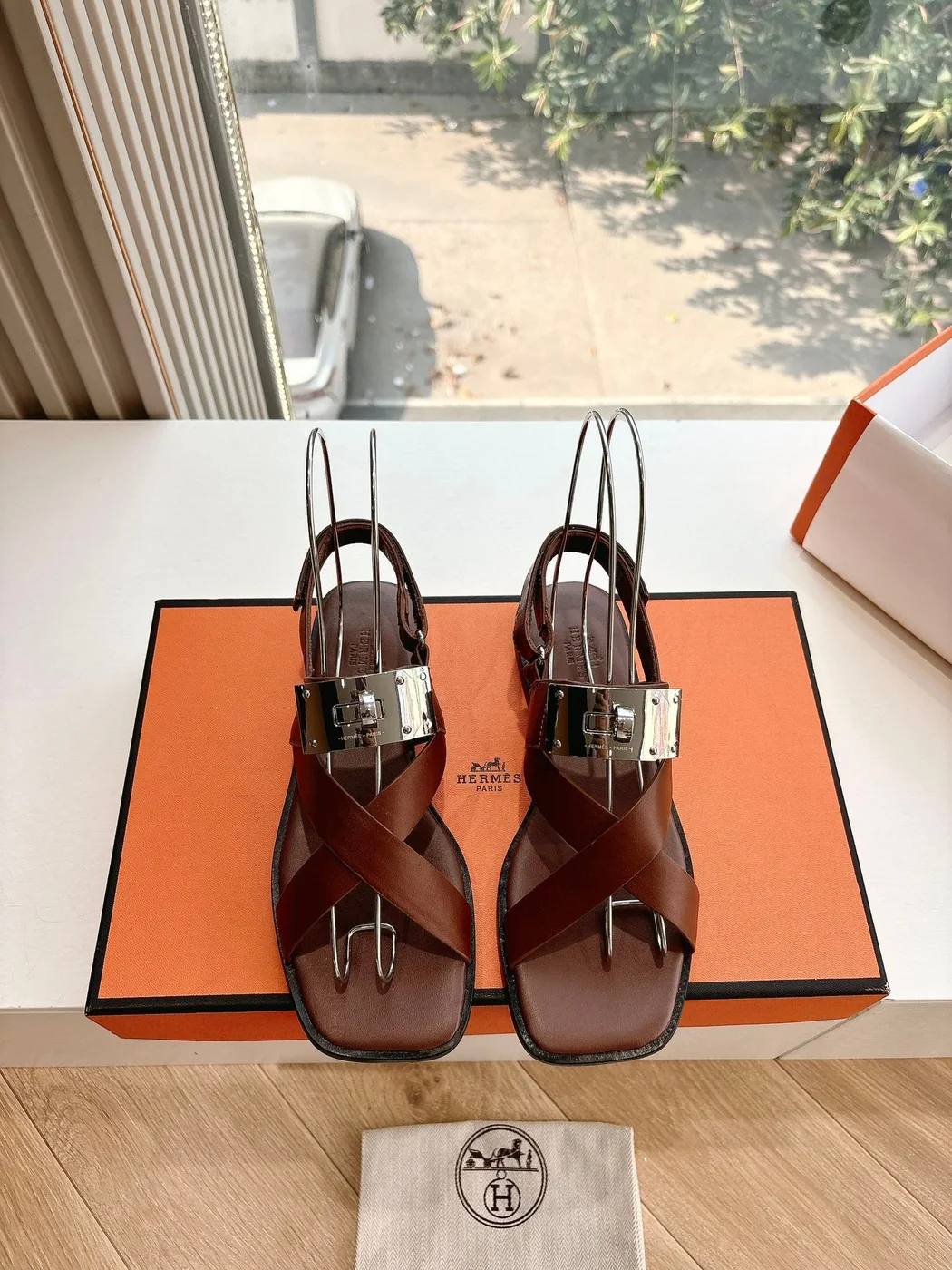 Hermès Women Brown Sandals — Buckle-Detail T-Strap product view 1