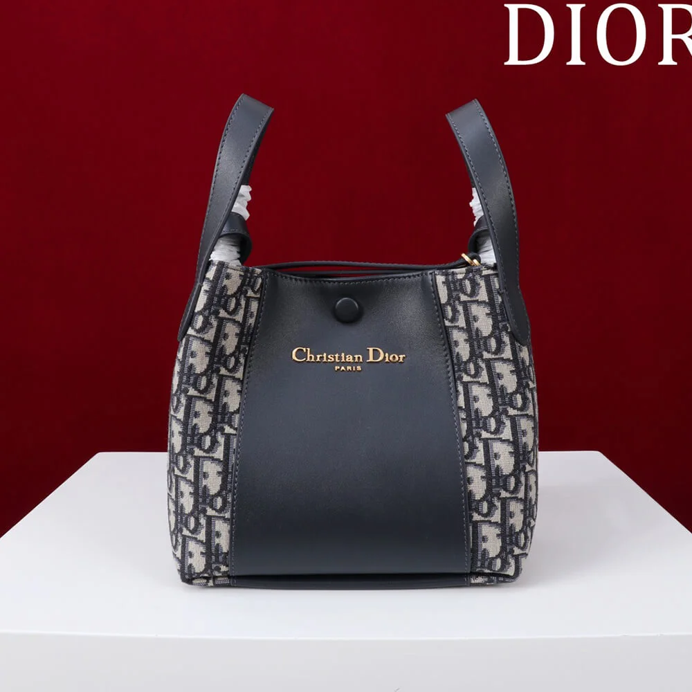 Dior Medium Signature Bucket Bag — Navy Blue Oblique Panels product view 1