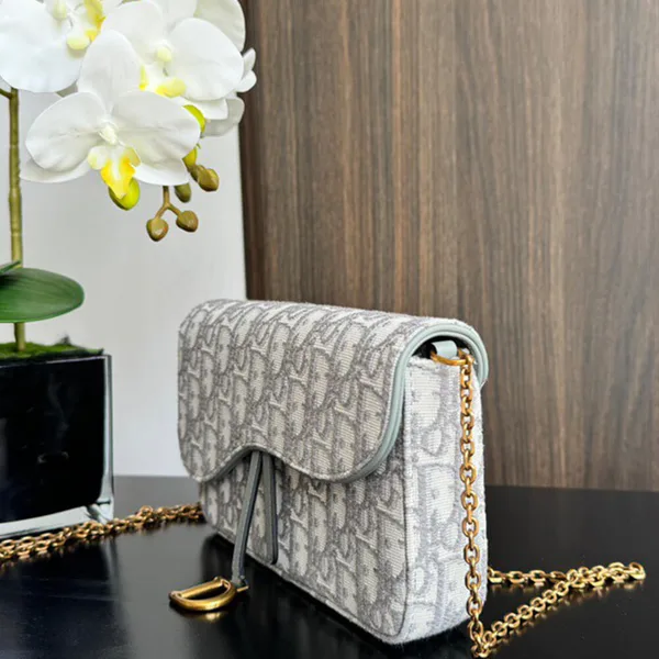 Dior Medium Saddle Pouch with Chain — Light Gray Oblique product view 2
