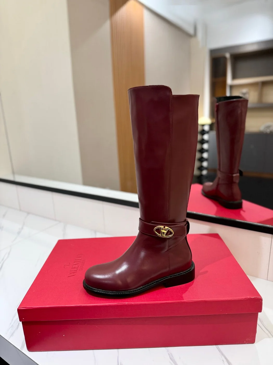Valentino Women Burgundy Leather Knee High Boots product view 5