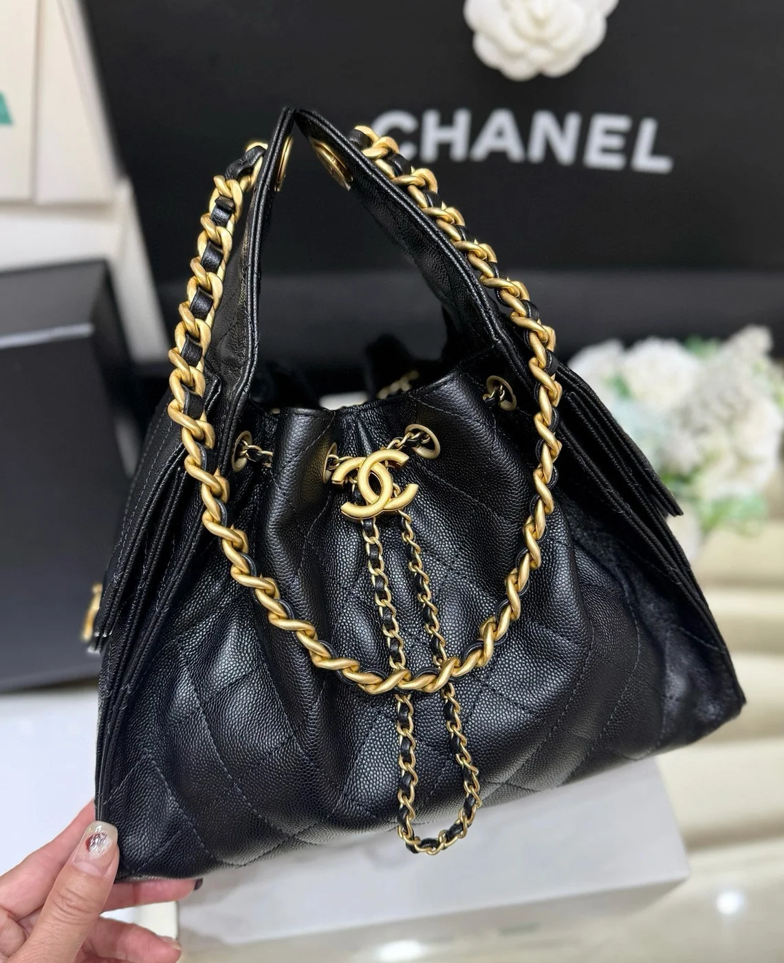 Chanel 25 Handbag In Black 30 Grained Calfskin Gold Hardware product view 2