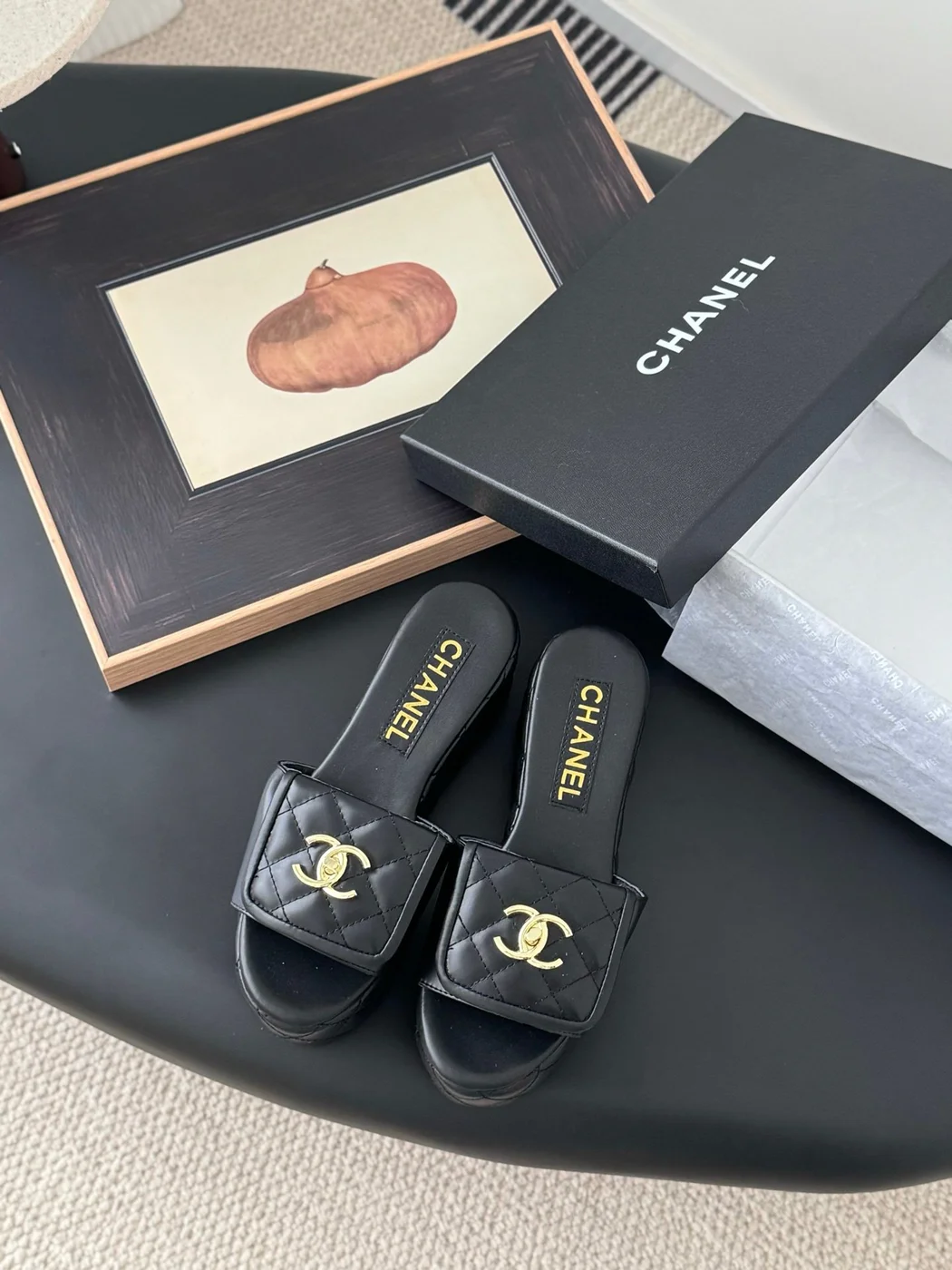 Chanel Women Black Quilted Leather Slides — Gold-Tone CC Detail product view 1