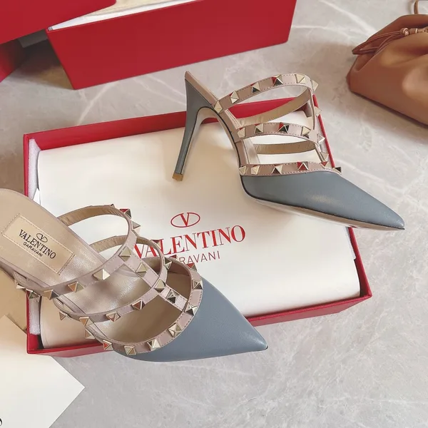 Valentino Women Blue Leather Studded Mules product view 3