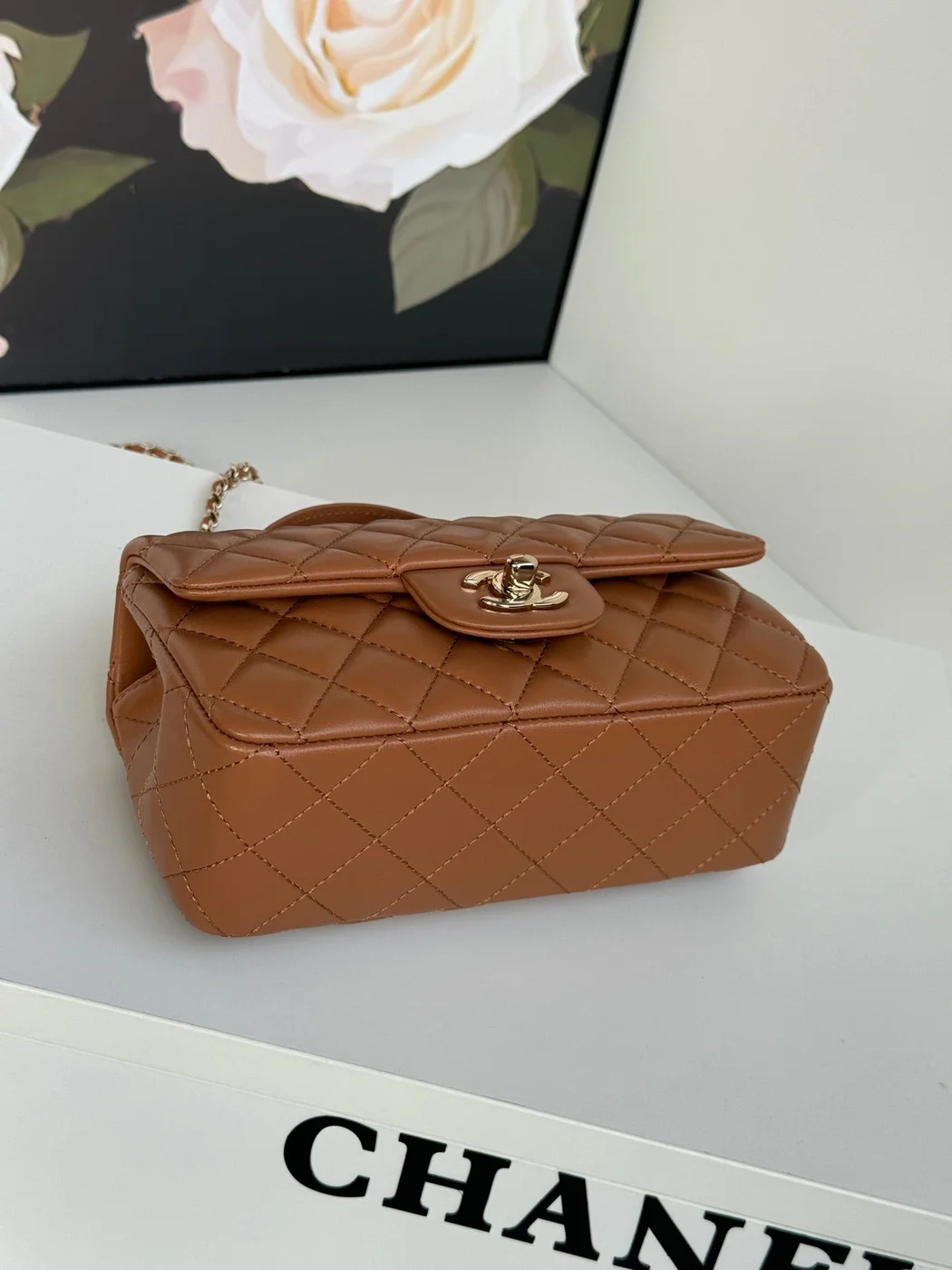 Chanel Flap Bag 20 In Bronze Brown Lambskin With Handle product view 4