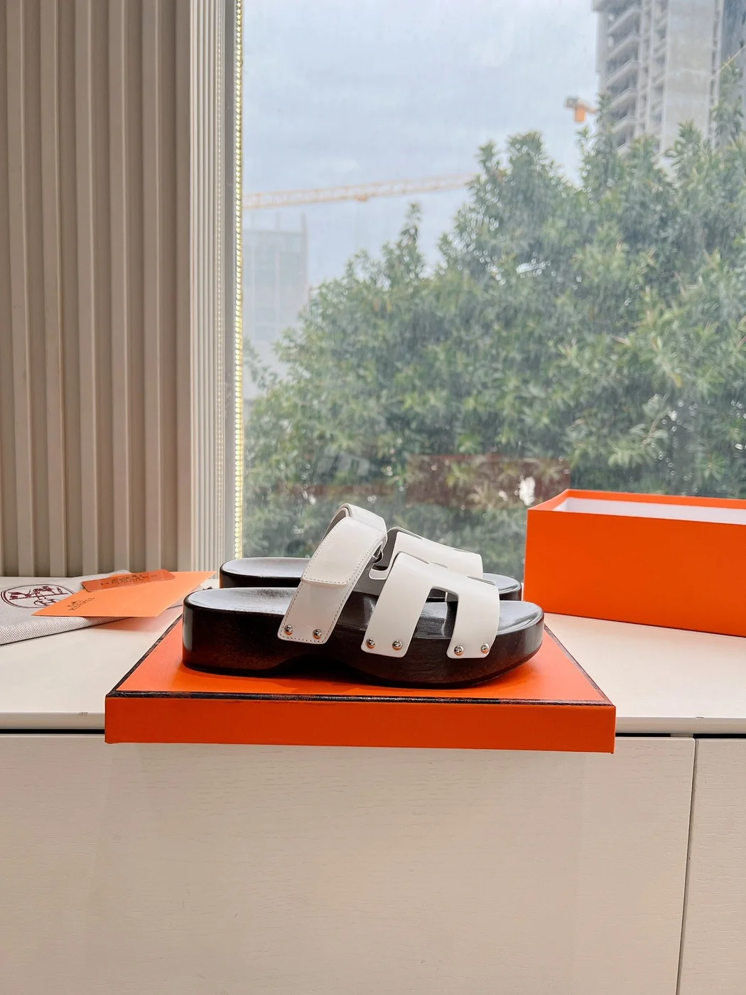 Hermès Women White Leather Wood Insole Sandals product view 2
