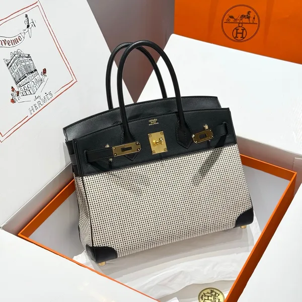 Hermès Birkin 30 cm In Black Swift White Black Plaid Toile Canvas Bag product photo