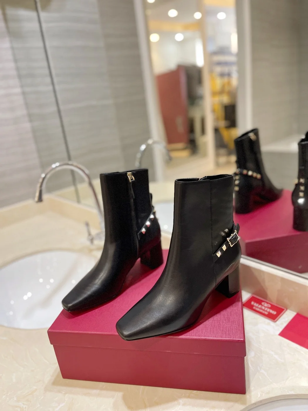 Valentino Women Black Leather Studded Ankle Boots — Studded Side Detail product view 3