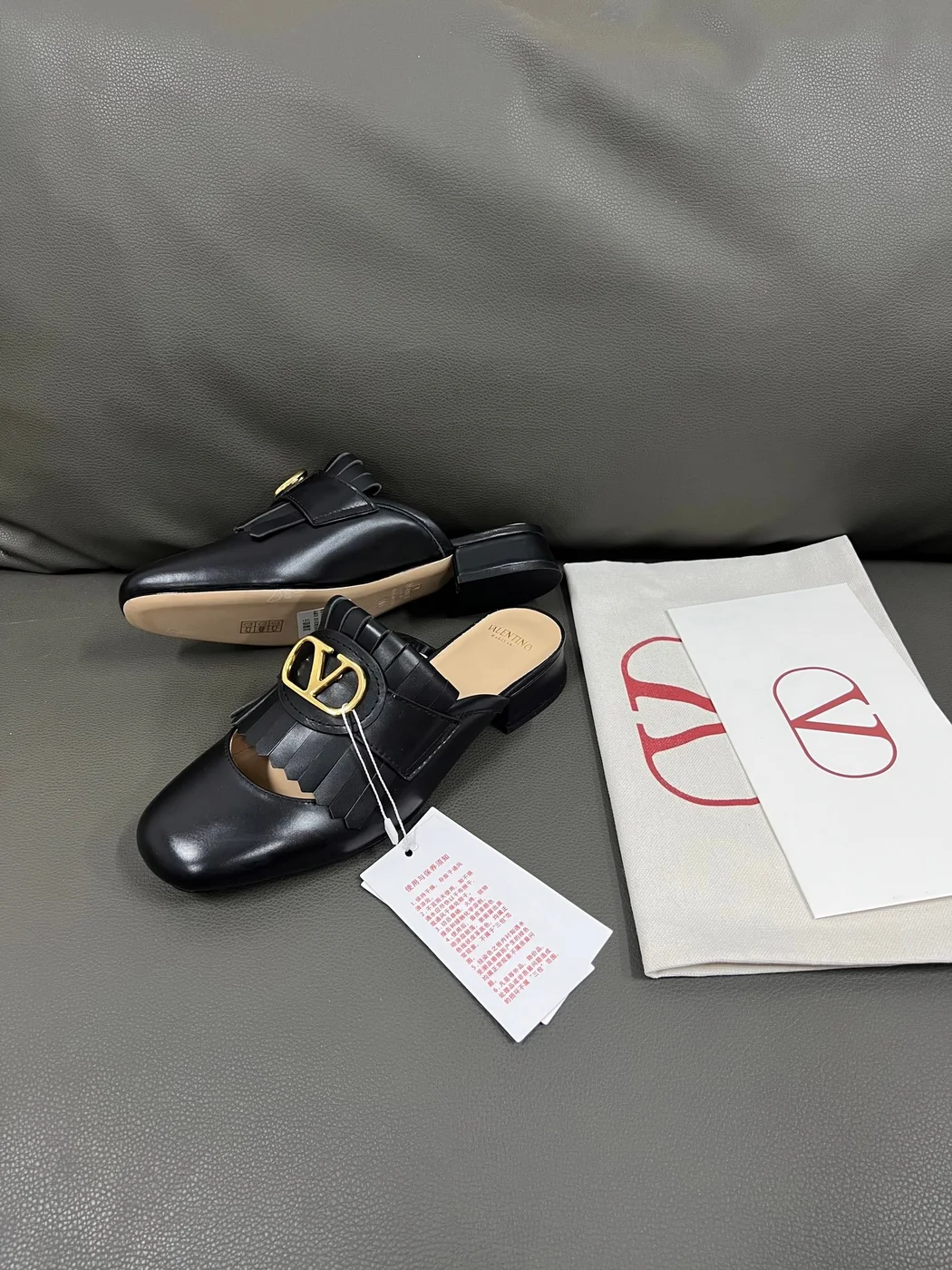 Valentino Women Black Leather Fringe Mules product view 2