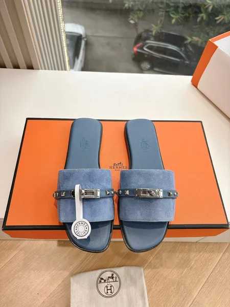 Hermès Women Blue Suede Flat Slide Sandals product photo