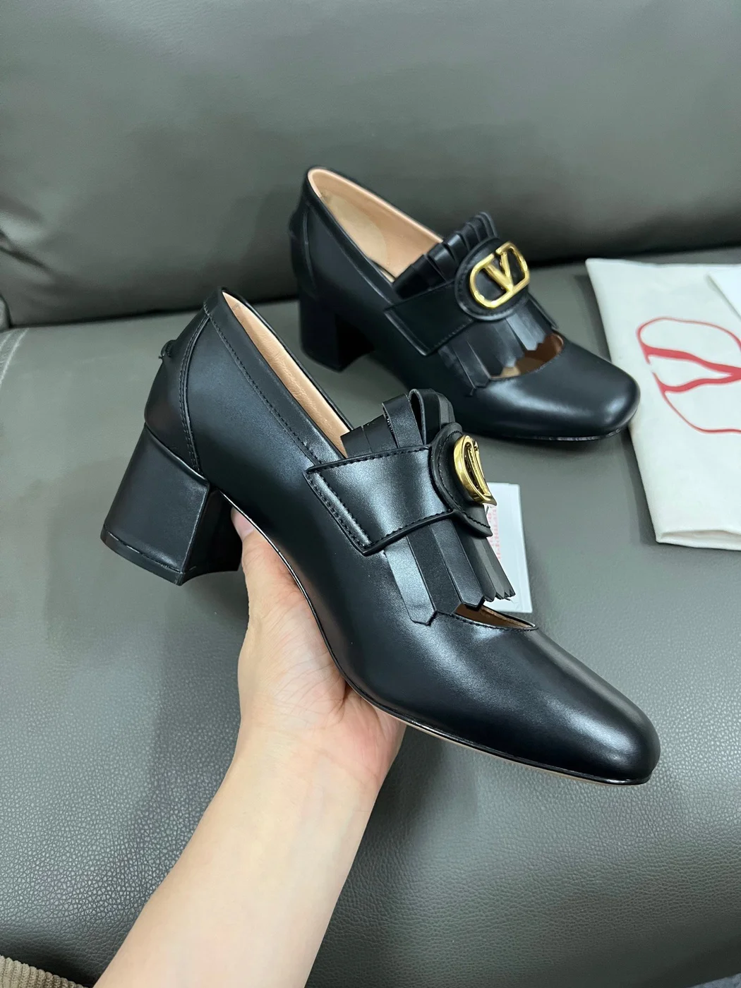 Valentino Women Black Leather Fringe Loafers product view 6