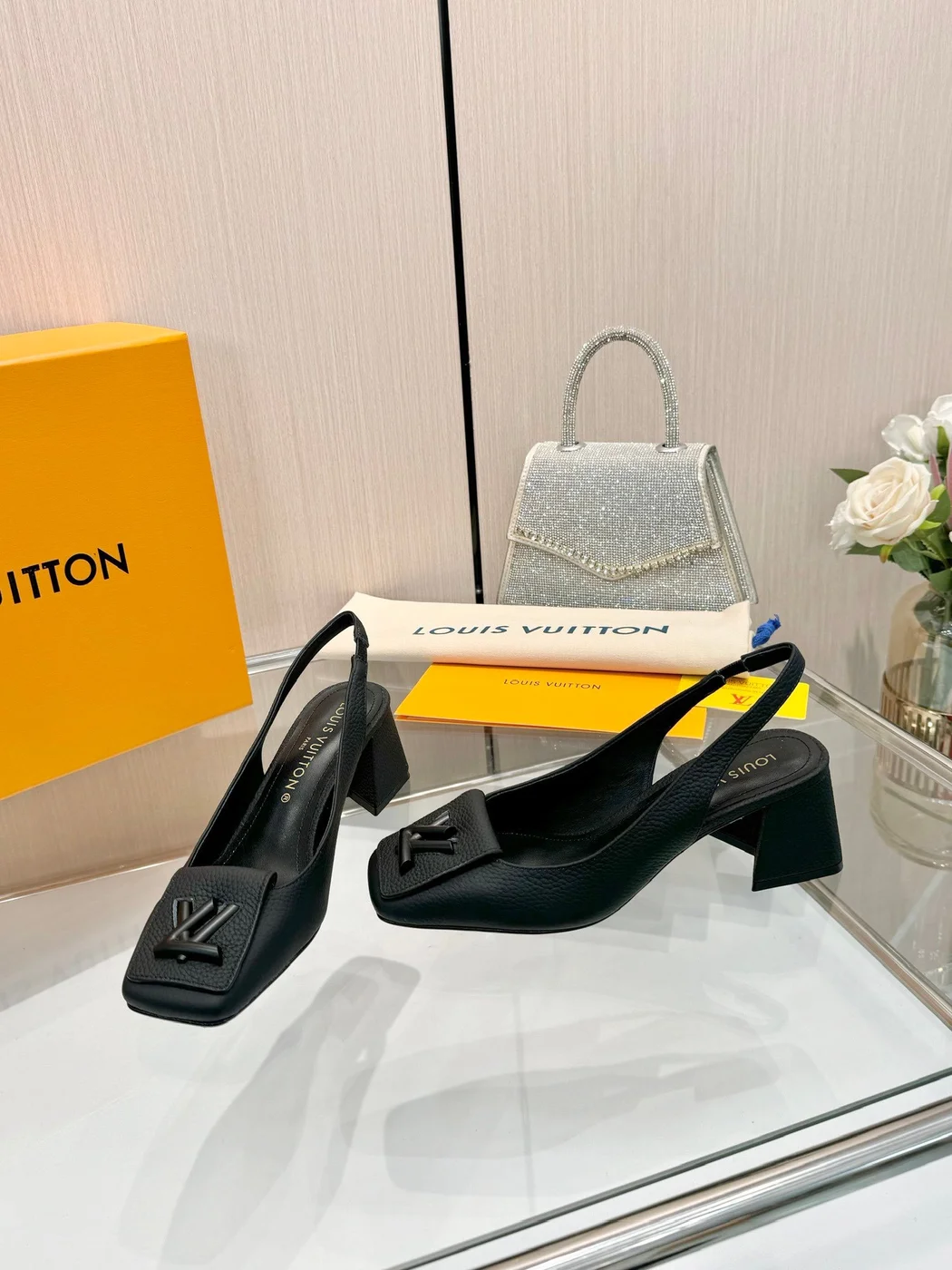 Louis Vuitton Women Black Leather Slingback Heels — Square-Toe Style product view 3