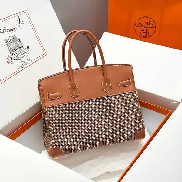 Hermès Birkin 30 cm In Gold Swift And Black/White/Brown Toile Canvas Bag product view 2