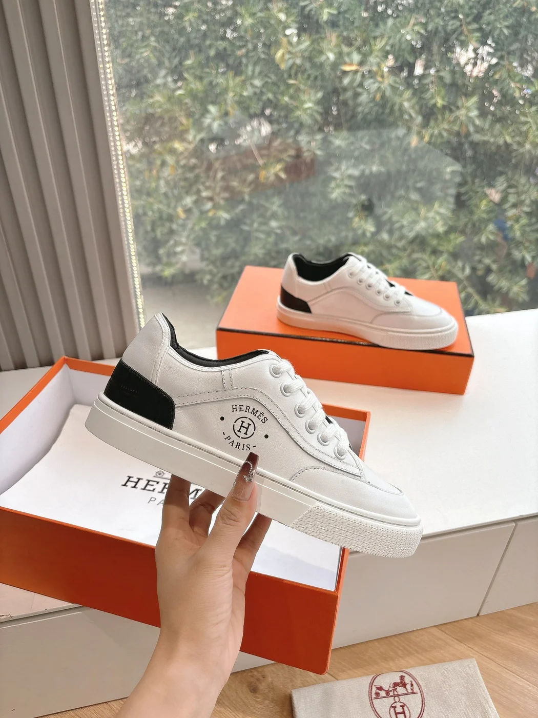 Hermès Women White Low-Top Sneakers — Black Tongue Detail product view 4
