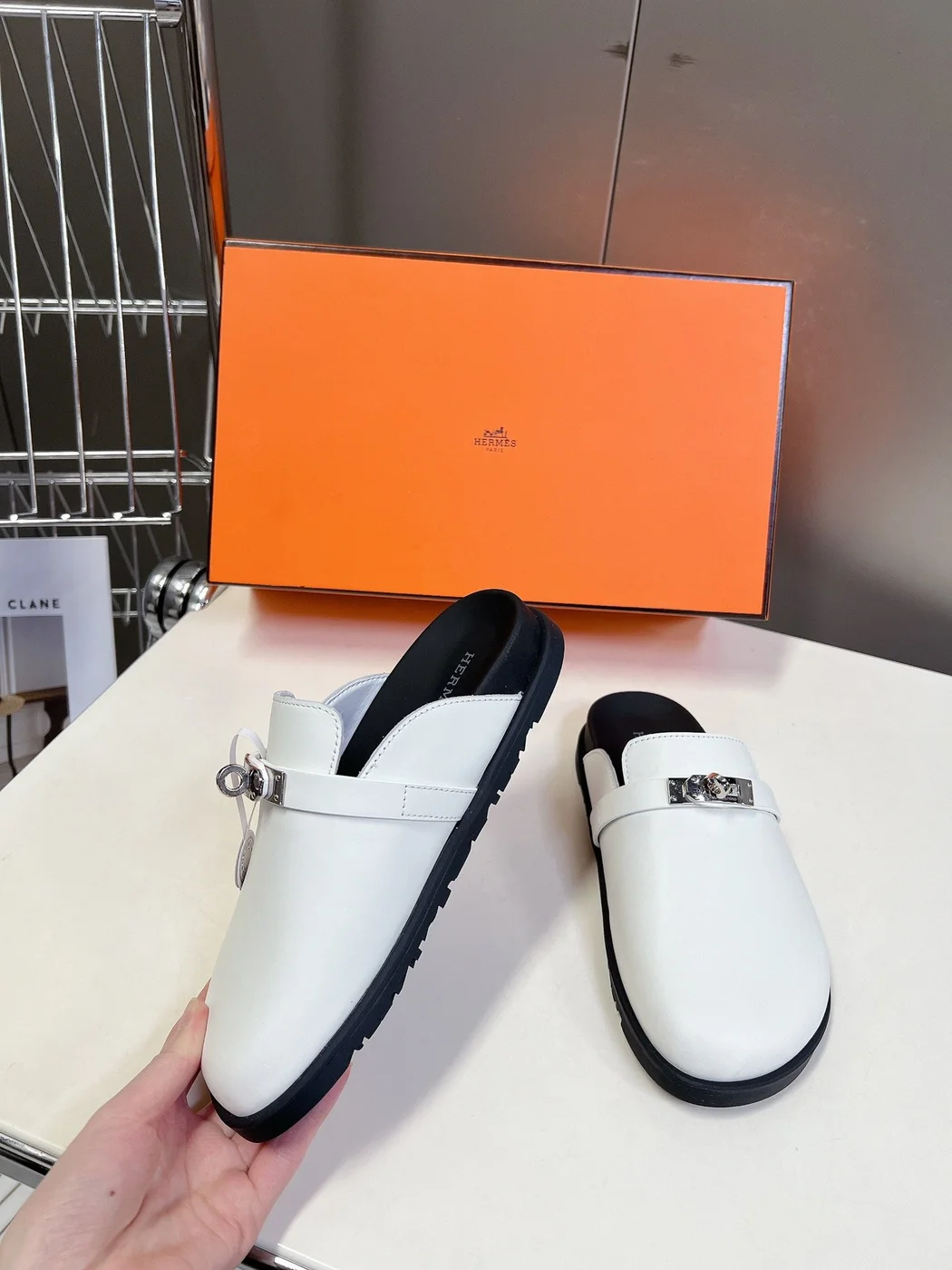 Hermès Women White Leather Mules — Rounded Toe with Black Sole product view 3