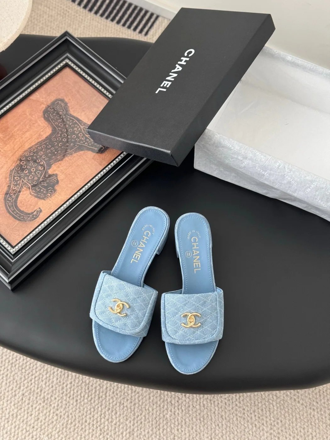 Chanel Women Quilted-Fabric Slides — Light Blue product view 1
