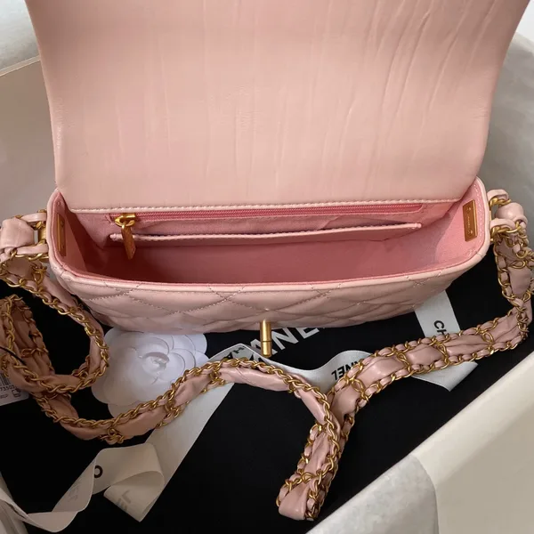Chanel Small Flap Bag 20 In Peach Pink Lambskin Gold Hardware product view 2