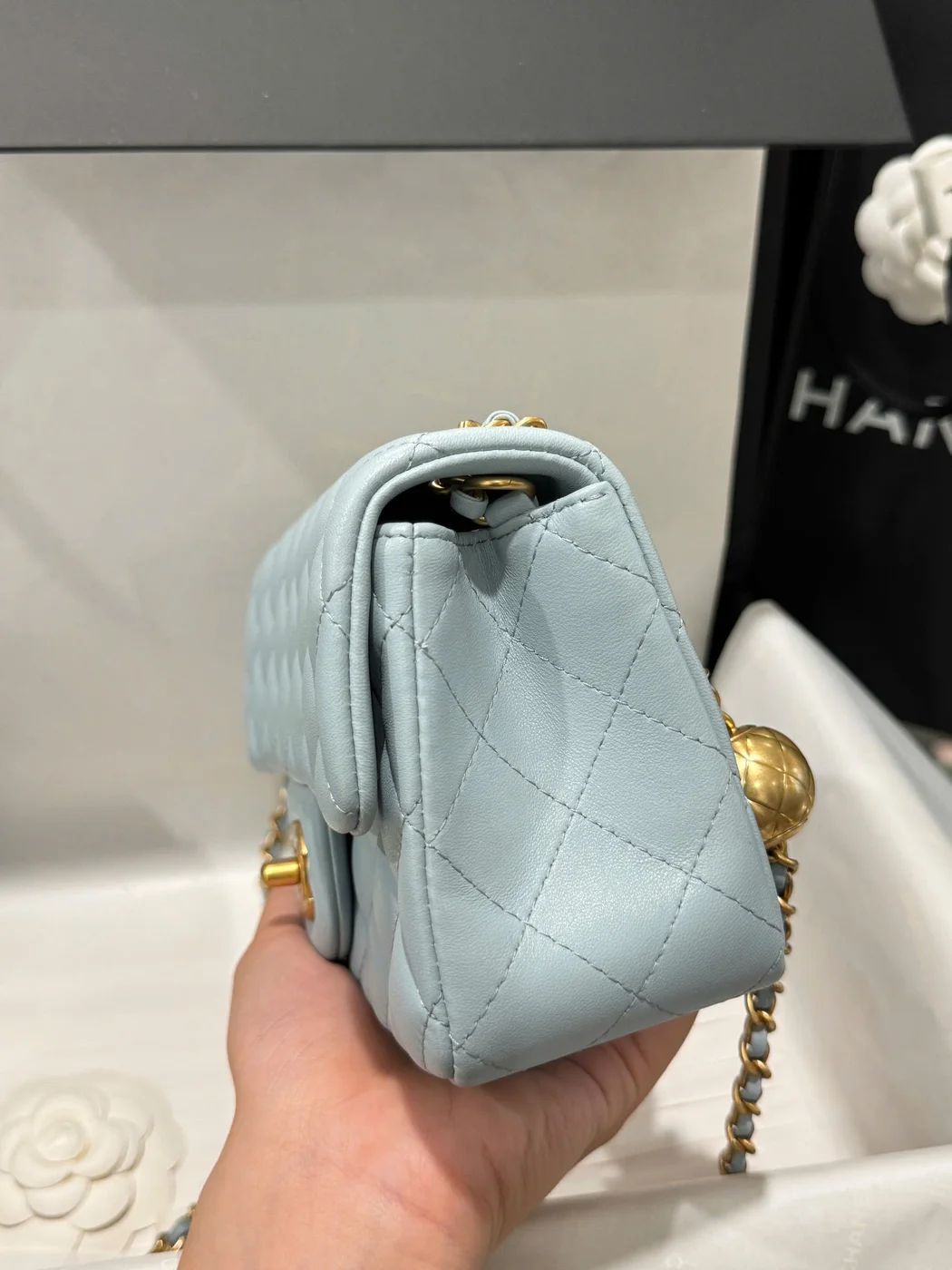 Chanel Classic Bell Bag Handbag Sheepskin Blue Lock Gold 20 cm product view 5